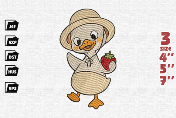 Cute Duck Strawberry Embroidery