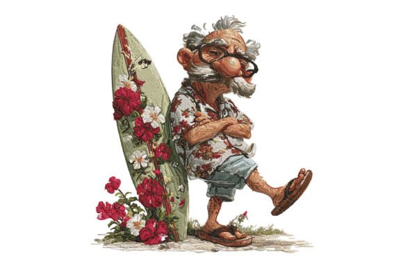 Funny Old Surfer Embroidery Design