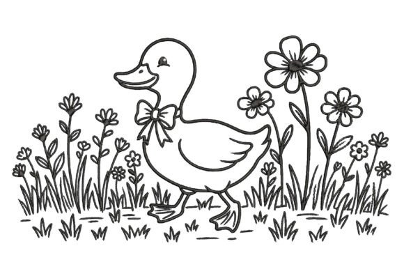 Line Art Floral Duck Embroidery Design