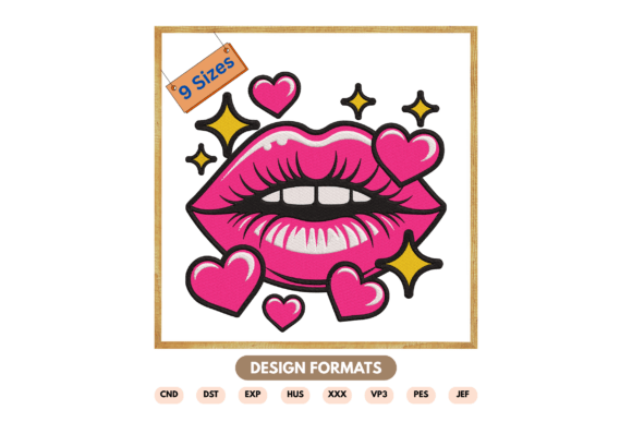 Pink Lips with Hearts Embroidery Design